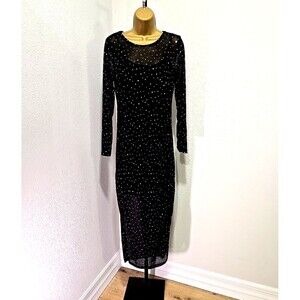 Black Sheer Whimsigoth Cocktail Evening Sequin Stretch Midi Dress Womens Medium